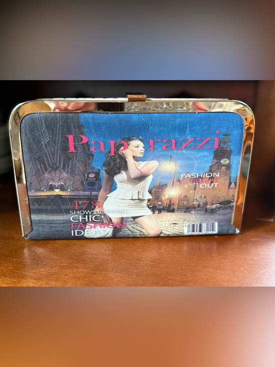 paparazzi Handbags - Paparazzi Magazine Print Hard Shell Clutch Gold Frame Novelty Y2K Purse